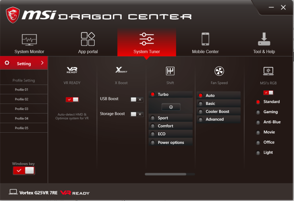 The Dragon Center app common to all MSI rigs lets you modify a host of options without the need to tinker with hardware settings