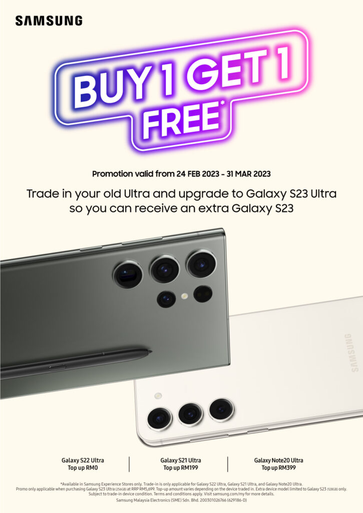 Samsung Buy 1 Get 1 Galaxy S23 Ultra promo poster