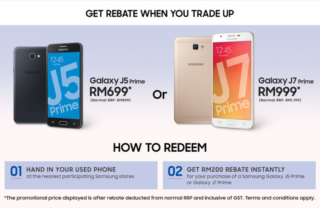 Trade in your old phone and get a sweet RM200 rebate off a Samsung Galaxy J5 Prime or J7 Prime 3