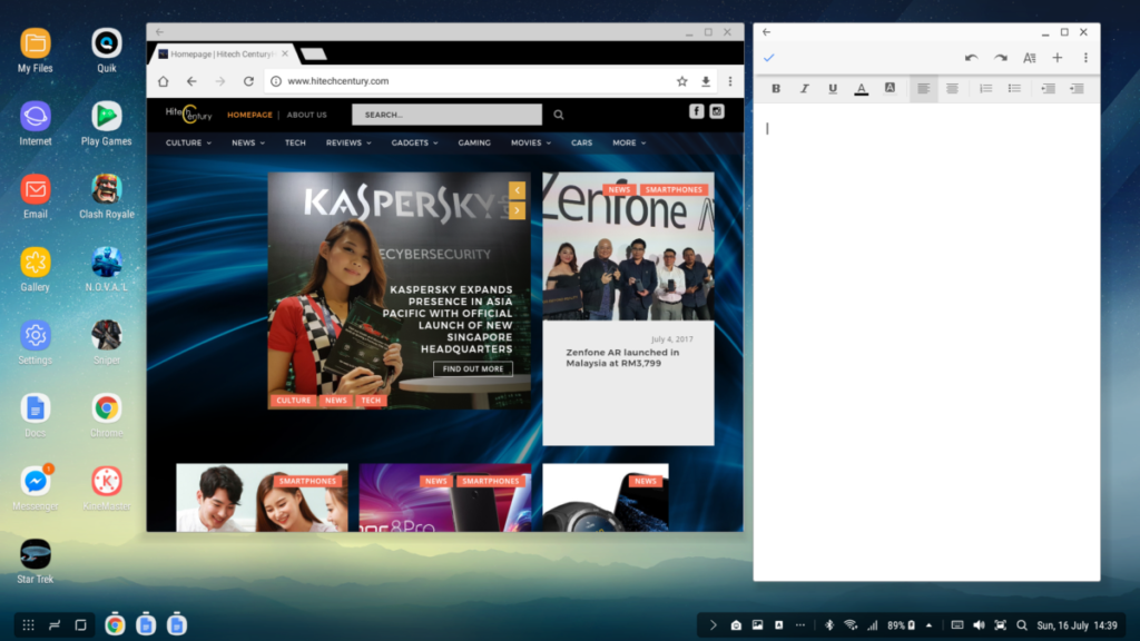 Samsung DeX dock desktop with open browser windows