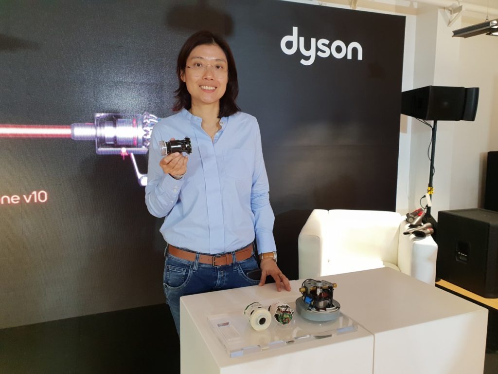 Yvonne Tan Dyson Digital Motor Engineering Manager with the V10 digital motor powering the Cyclone V10 vacuum cleaner