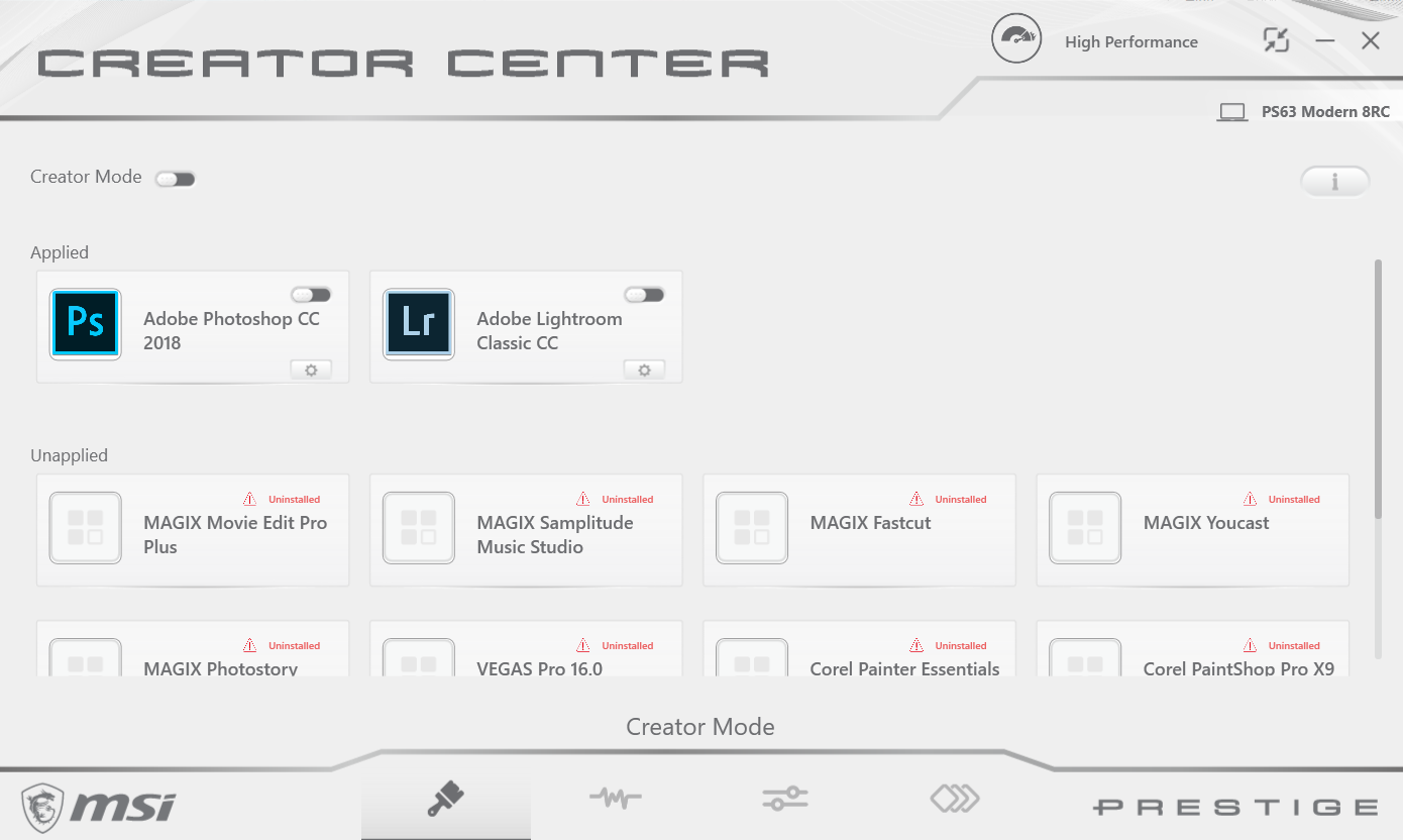 MSI PS63 8RC Creator apps