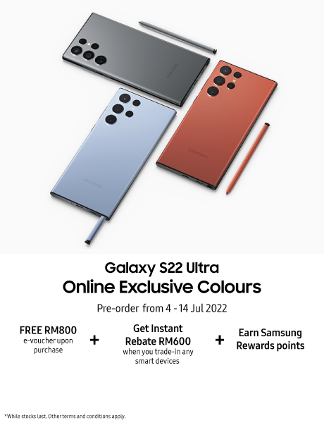 Samsung Galaxy S22 Ultra Red, Sky Blue and Graphite preorder poster