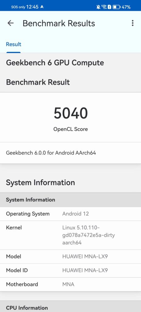 Huawei P60 Pro Review - geekbench 6 open cl