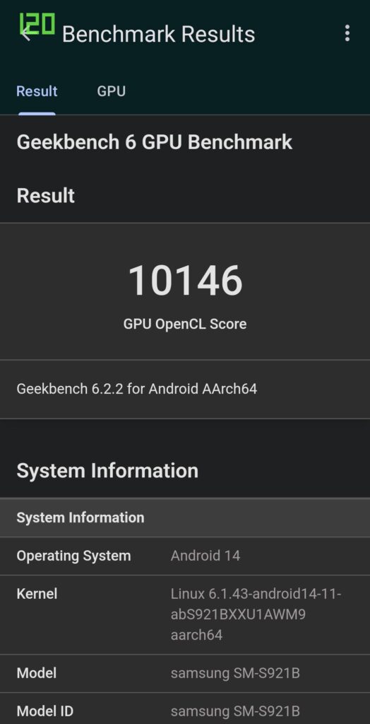 Galaxy S24 review geekbench 6 open CL