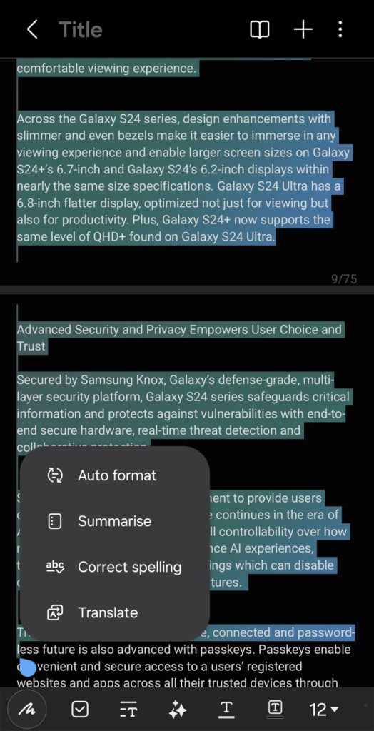 Samsung Galaxy AI Note Assist text 2