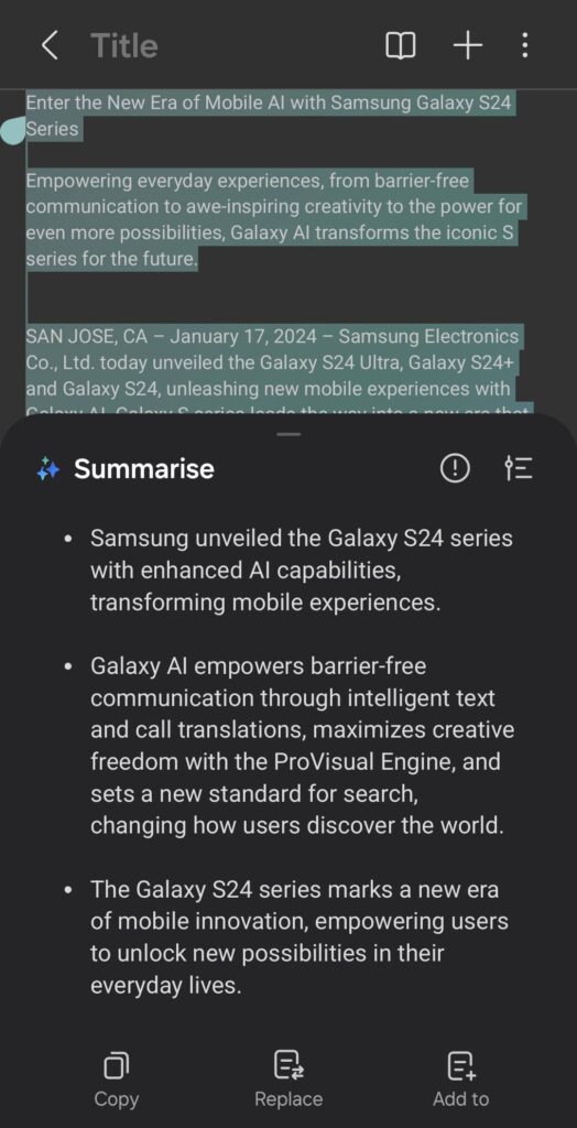 Samsung Galaxy AI Note Assist text 3