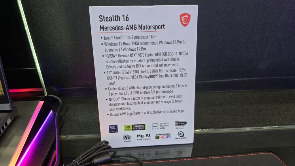 MSI Stealth 16 Mercedes AMG Motorsport text