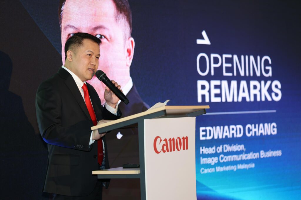 Edward Chang, Head of Image Communication Business Division at Canon Marketing Malaysia, makes his remarks at the launch of the Canon EOS Next Gen Tour 2024, thanking Canon users for their continued support.