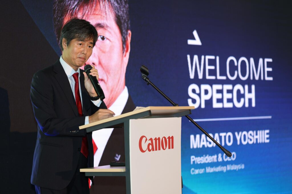 Masato Yoshiie, President & CEO of Canon Marketing Malaysia, delivers his speech at the launch of the Canon EOS Next Gen Tour 2024,